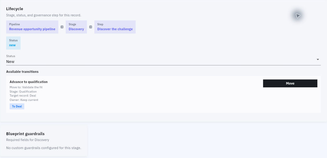 Lifecycle shows the current stage and step above a transition with its destination and owner instruction
