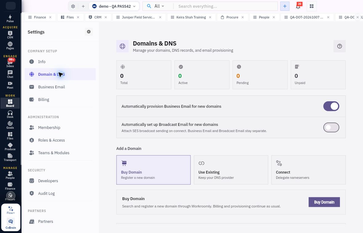 Domain & DNS separates domain status, service defaults and the routes for buying or using a domain.