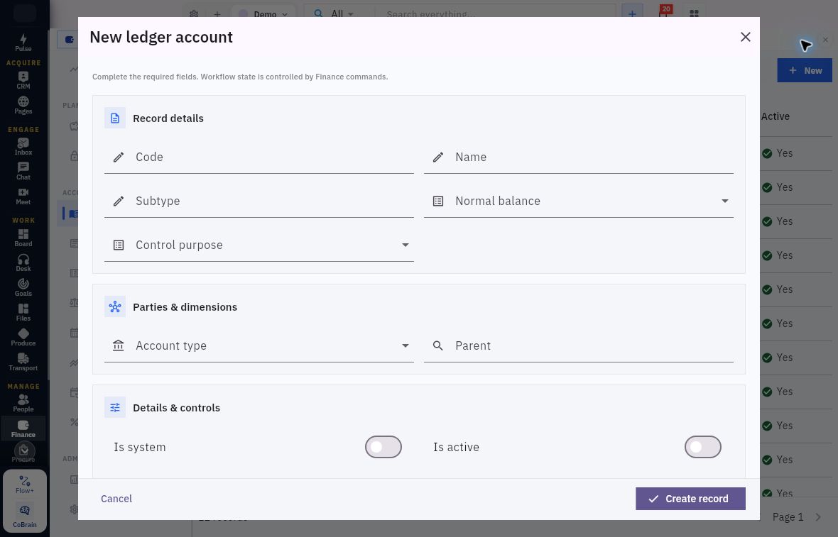 Ledger-account form showing identity, classification, control purpose, parent and active/system switches