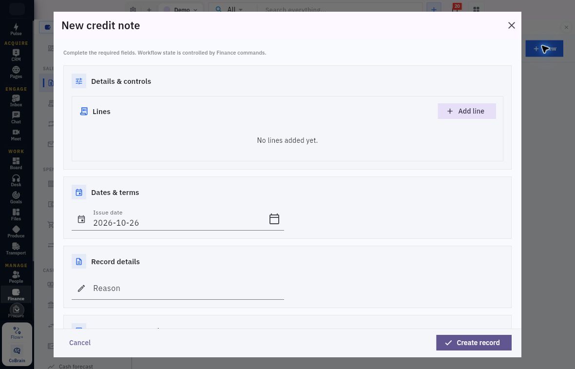 Customer credit-note header with lines issue date and reason