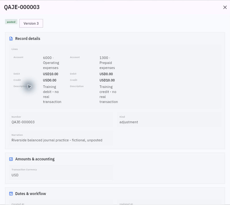 Posted journal QAJE-000003 retaining Version 3, two USD10 lines and original narration