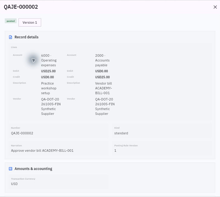 Posted journal QAJE-000002 with expense debit and payable credit linked to the bill