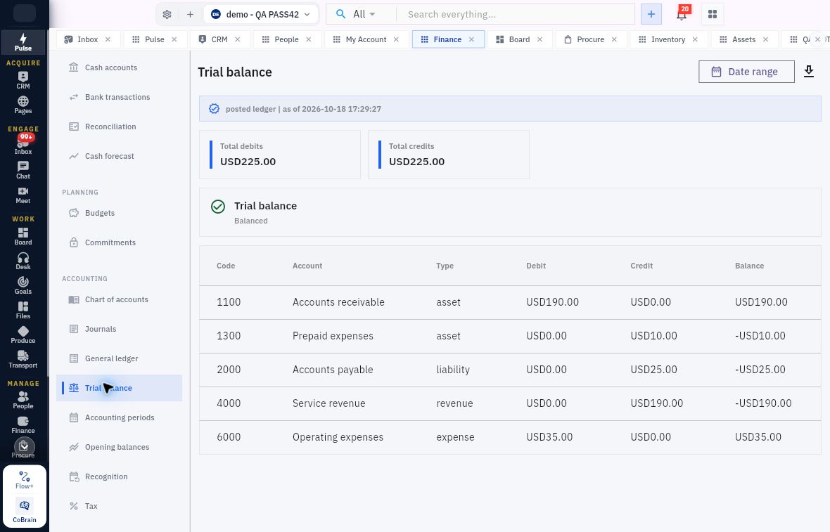 Example native Trial balance with account code, name, type, debit, credit and signed balance columns