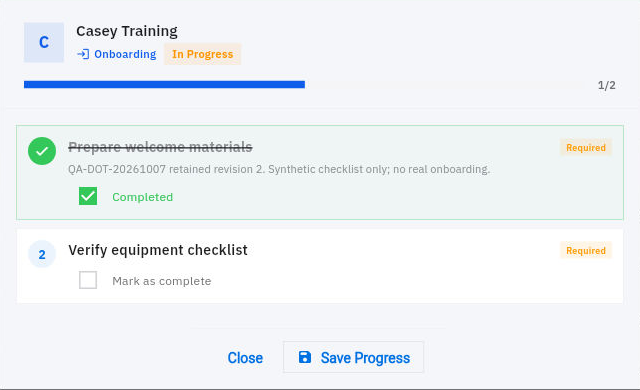 Check each onboarding item and preserve unfinished work rather than relying only on the progress percentage.