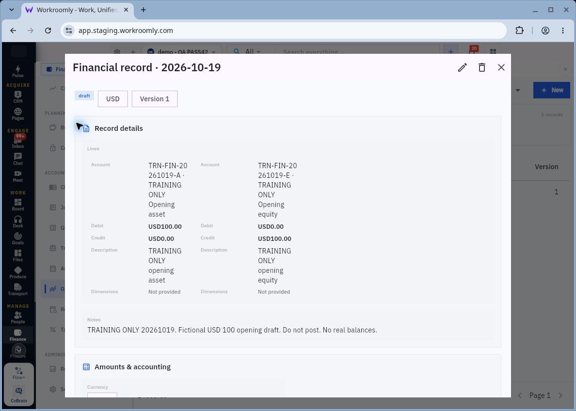 Opening batch draft showing two saved account lines and explicit training notes