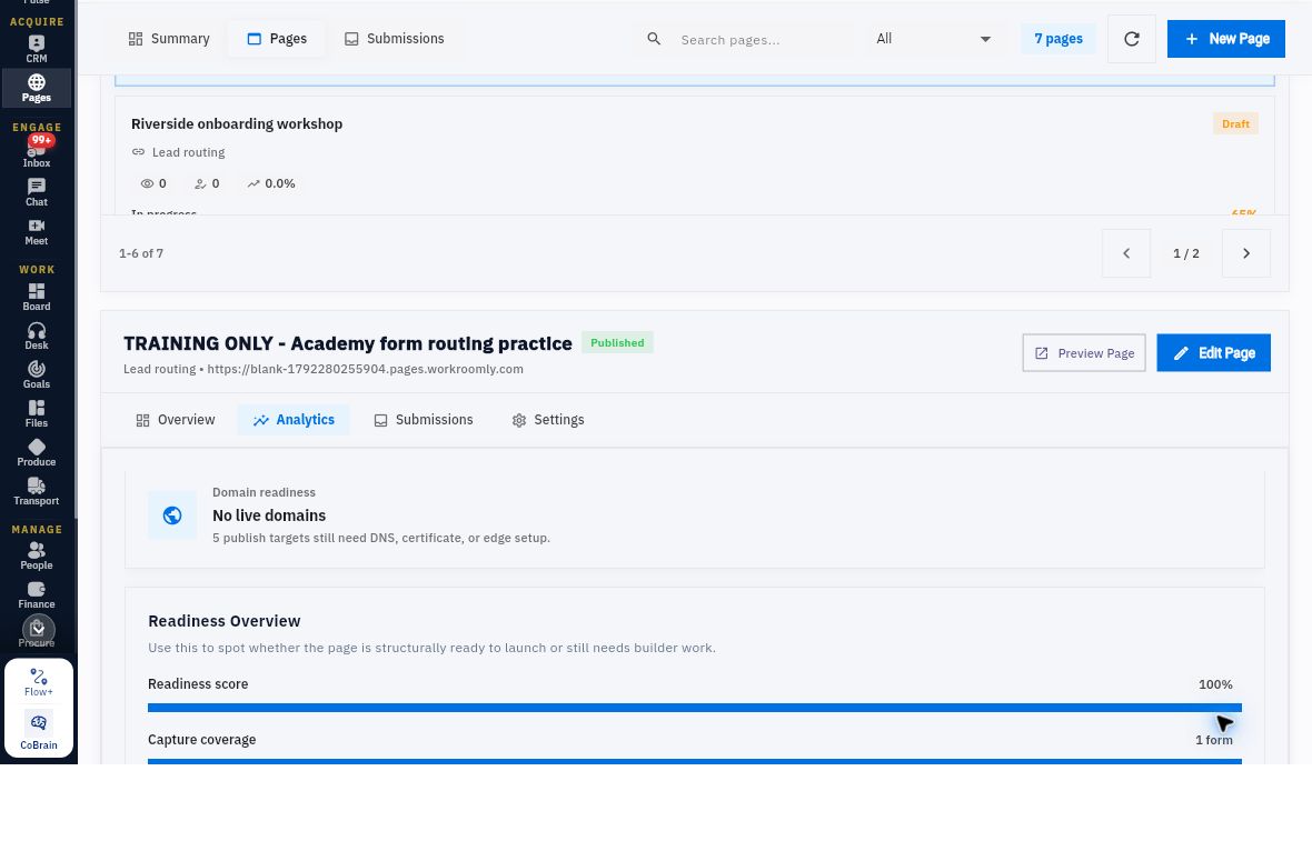 The page Analytics view includes domain and structural readiness panels whose scope differs from a captured enquiry result