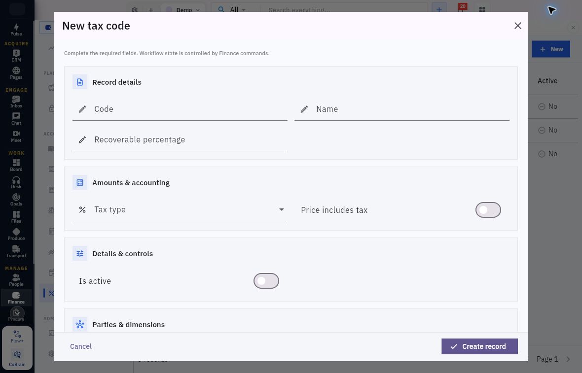 New tax code identity, recoverability, tax type and inactive switches