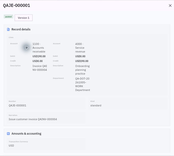 Posted journal QAJE-000001 with receivables debit and service revenue credit