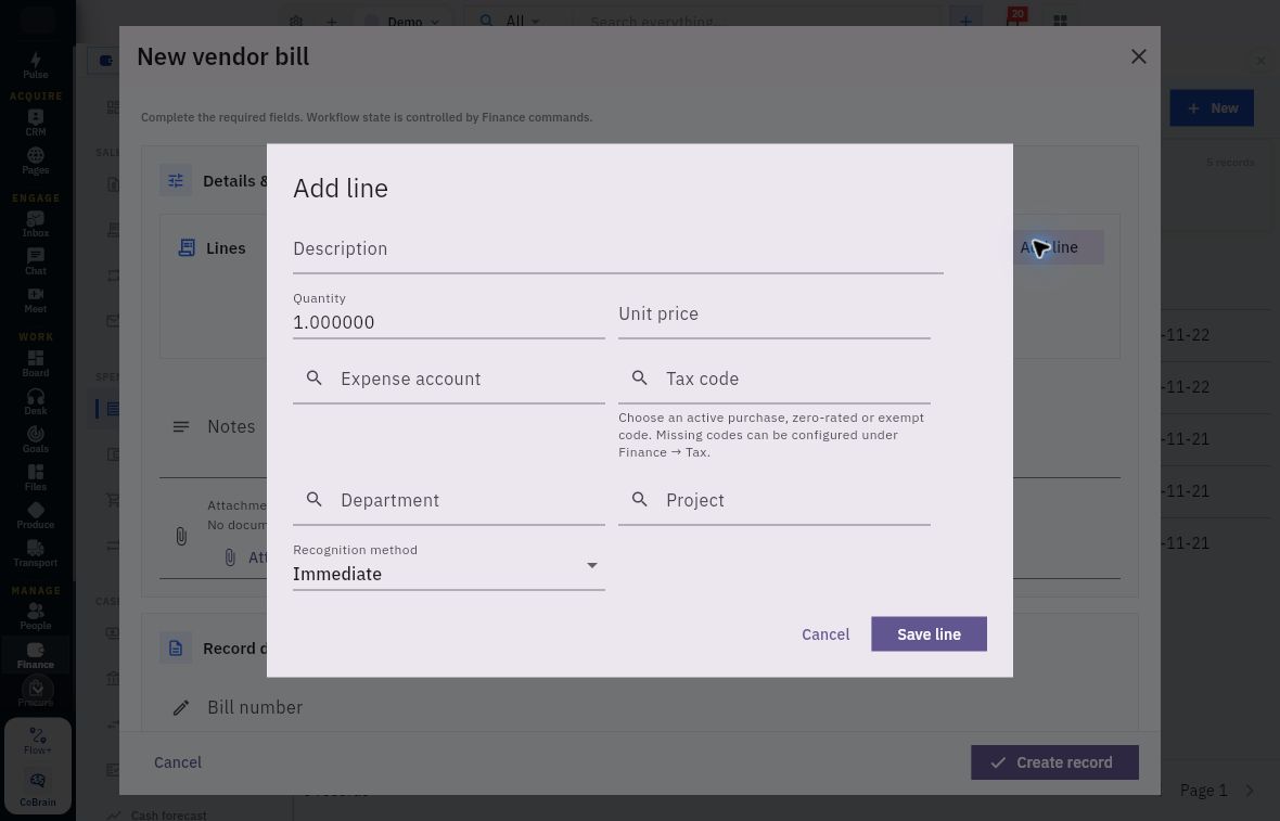 Example bill-line form with quantity, expense account, tax helper and Immediate recognition
