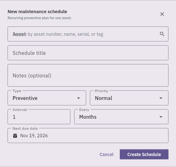 Maintenance schedule separates interval number, interval unit and next due date from a performed occurrence.