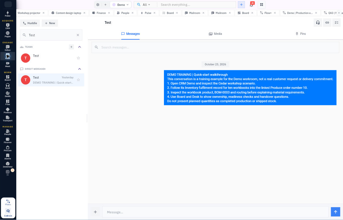 A Demo training conversation shows Messages, Media, Pins and the message composer. Its Cedar example is separate from your Riverside request; it is not a reviewer response to your draft.