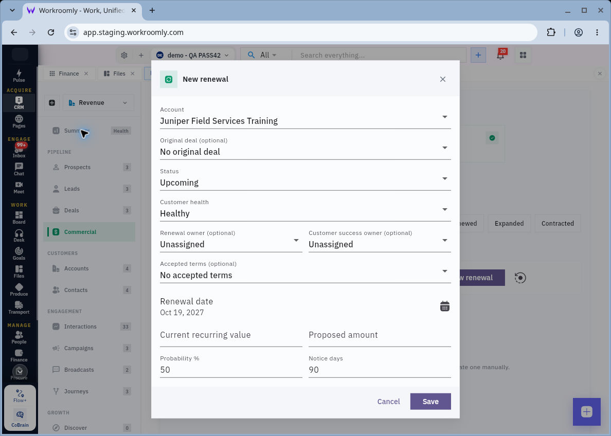 The New renewal form brings together the customer, source deal, owners, accepted terms, dates and amounts. Check preselected values before saving.