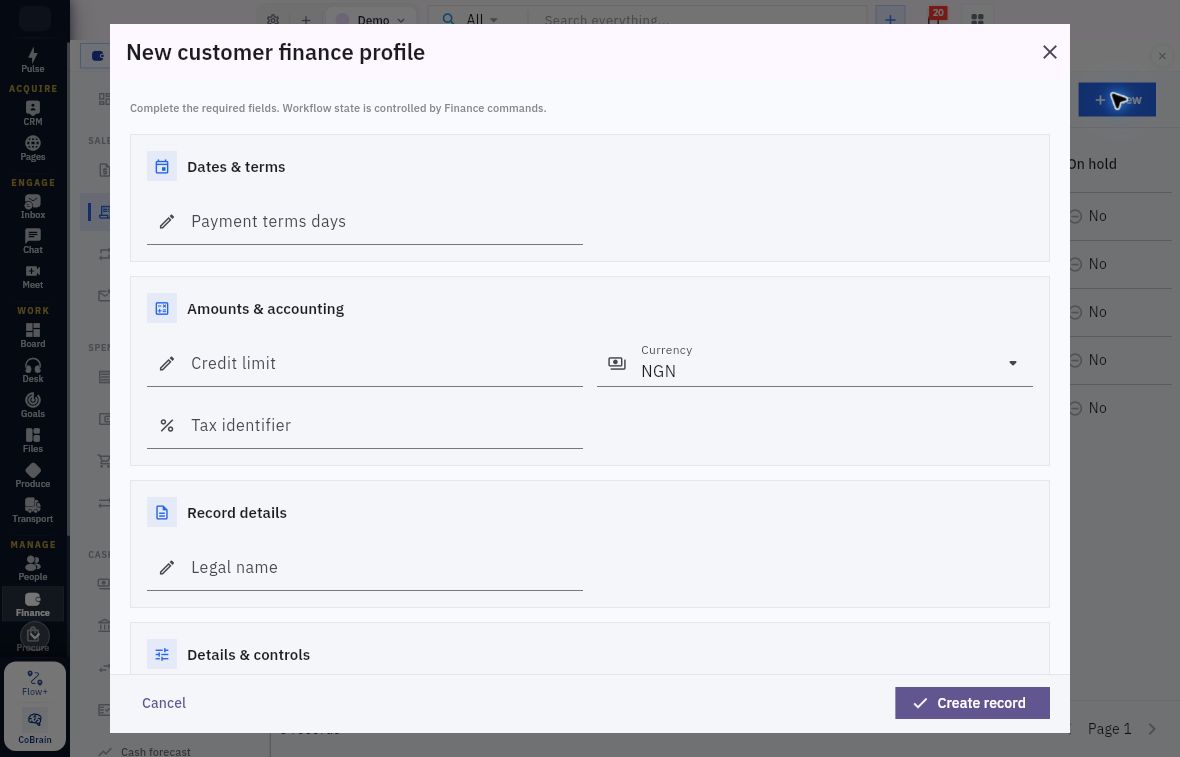 Customer finance profile terms credit limit currency tax identifier and legal name