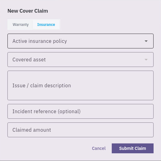 The Insurance claim form separates policy, covered asset, incident reference and claimed amount.