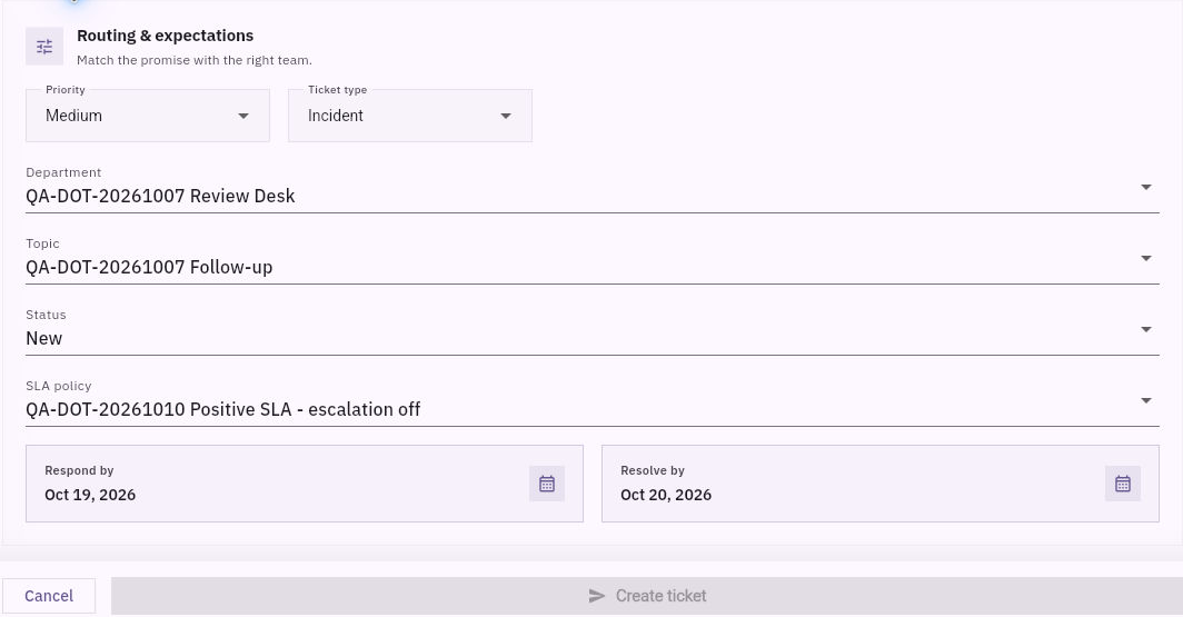 Routing & expectations separates priority, ticket type, department, topic, status, SLA policy and date targets. Prefilled values still need a business check.