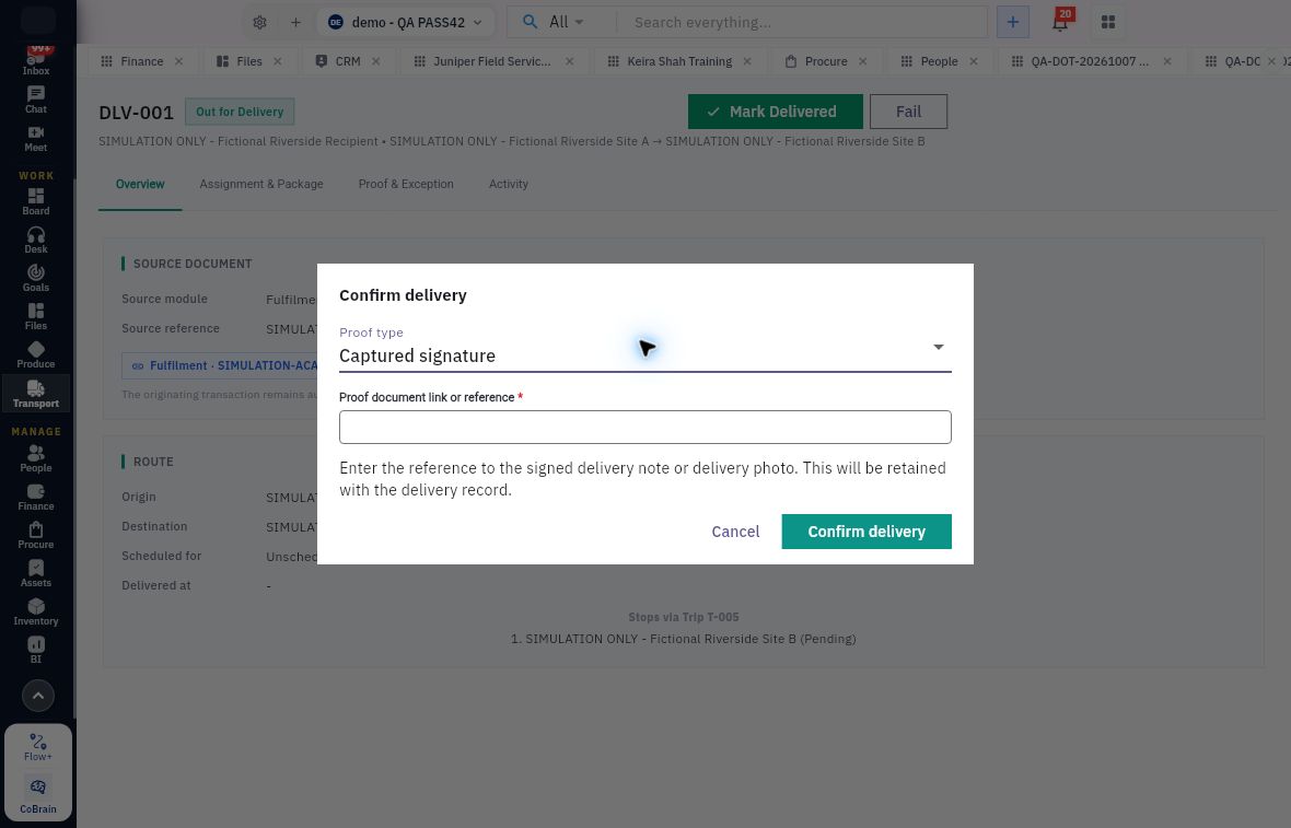 Confirm delivery requires a proof reference; the pictured simulated request does not contain a real signature or completed delivery.