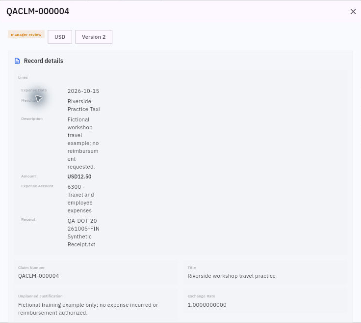 Example Riverside claim with Manager Review state, retained line and receipt association