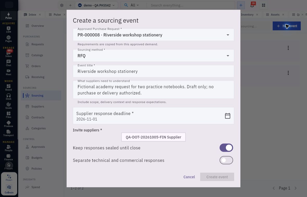 Sourcing event form linking an approved request to method, suppliers, response deadline and visibility rules.
