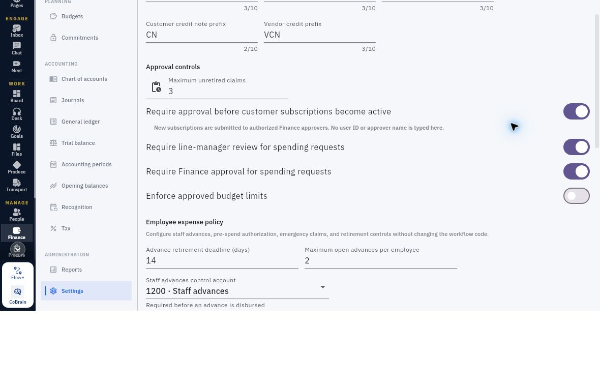 Approval controls showing subscription, manager, Finance and budget-limit switches
