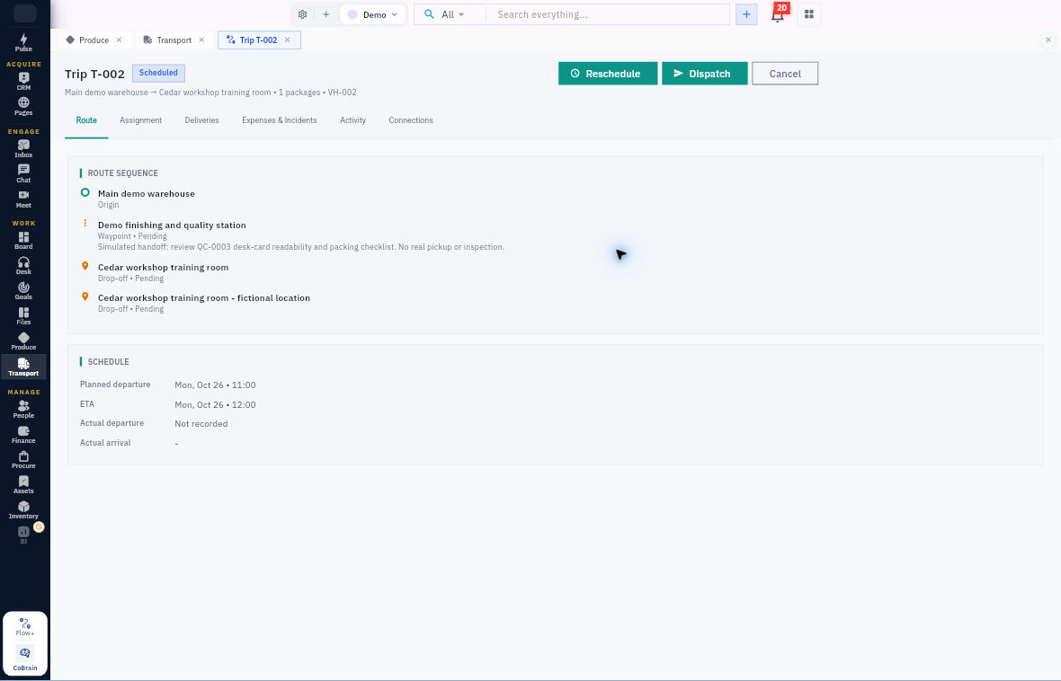 Route separates the planned schedule from actual departure and arrival. This scheduled demo trip has no recorded actual departure; its buttons are not evidence that dispatch occurred.