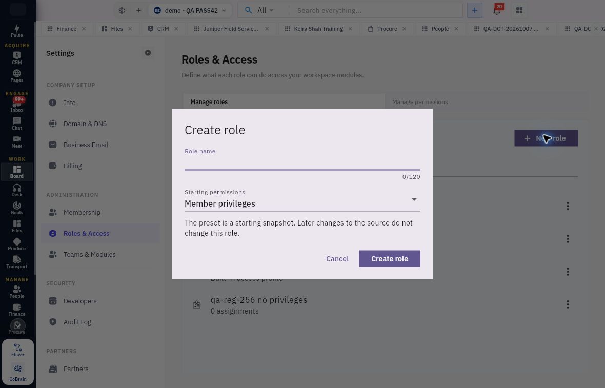 Create role asks for a role name and a starting-permissions preset. Review the preset before selecting Create role.