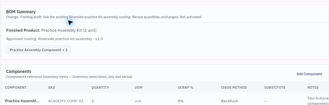 BOM summary showing an explicit approved-routing association and a separate component line with unit, scrap and issue method.