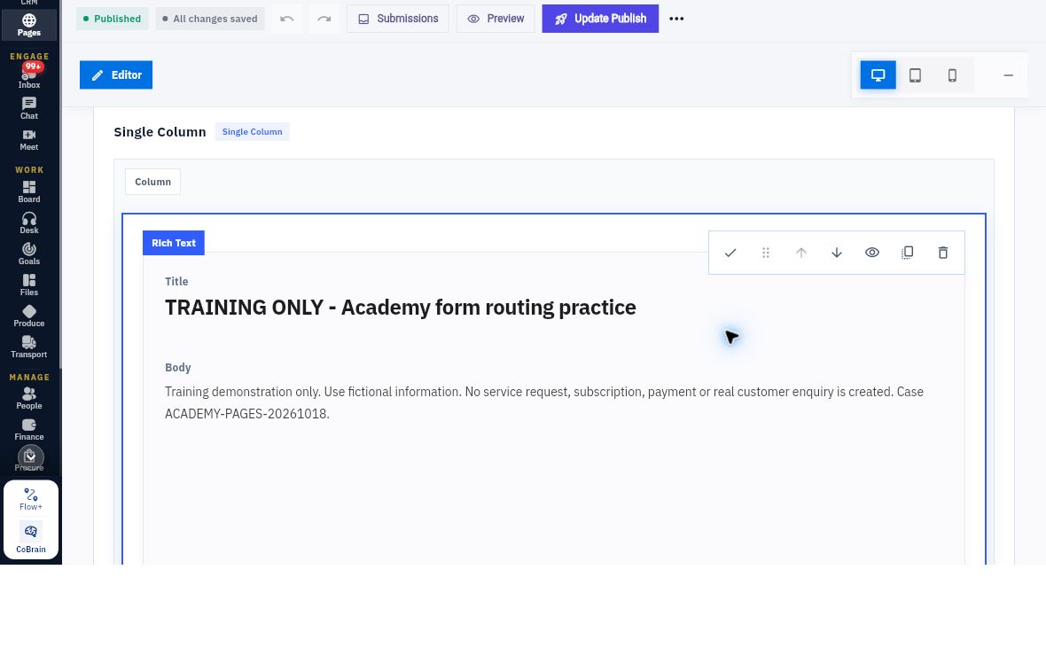 The editor shows the selected Rich Text block within the page structure and keeps saving and publication states separate