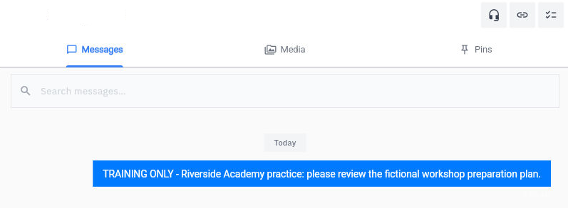 An outgoing training message in Messages with separate Media, Pins and message-search controls