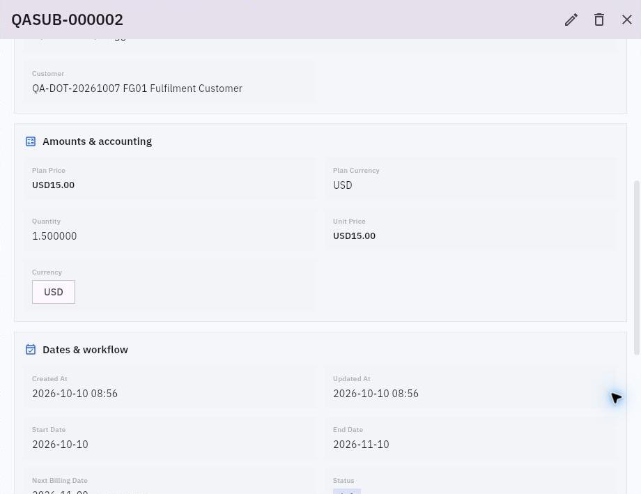 Example customer subscription QASUB-000002 showing plan price, quantity, unit price, currency and dates