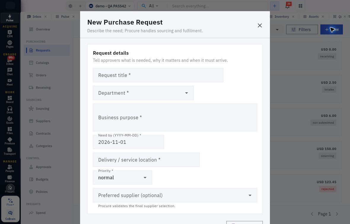 Purchase-request header with the need, department, purpose, date, destination and priority controls.