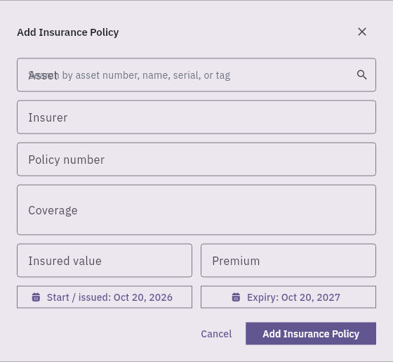 Insurance policy form separates coverage, insured value, premium and dates; no currency selector is shown.