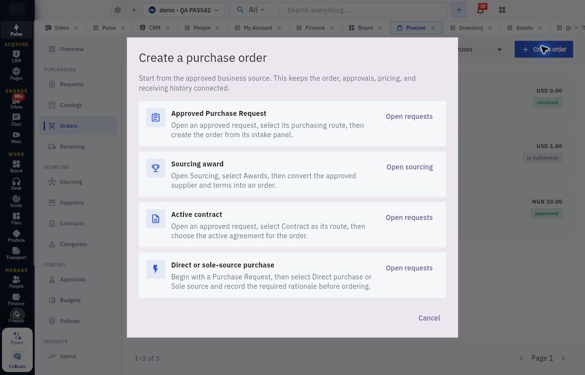 Create purchase order routes back to approved requests, sourcing awards or active agreements rather than an unrelated blank order.