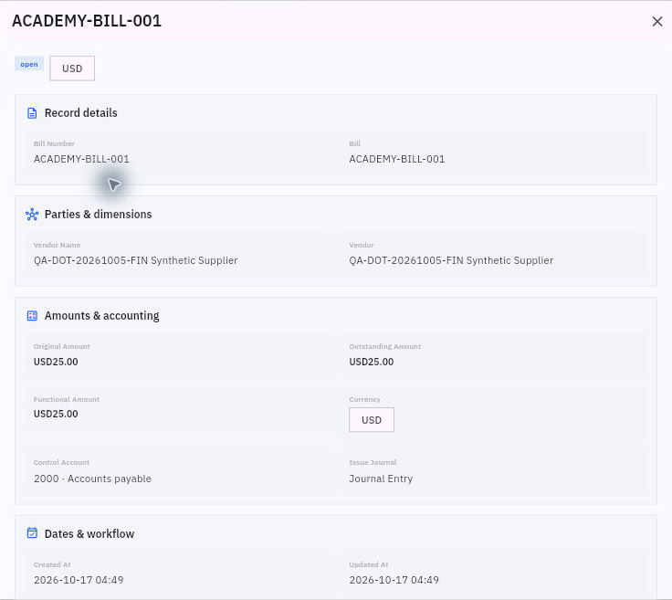 Open payable for ACADEMY-BILL-001 showing original and outstanding USD25 amounts