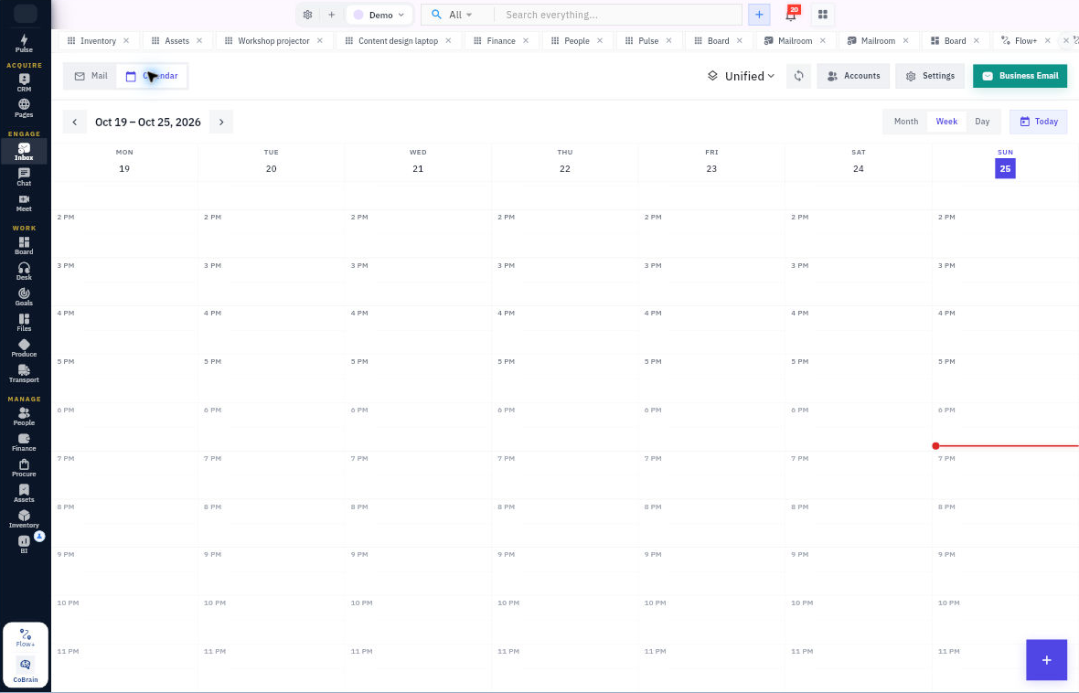 Calendar Week view provides date navigation and a bottom-right + for adding an appointment; this example contains no mail or guest details.