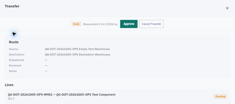 Draft transfer detail separates source, destination, dispatched and received dates from the pending line.