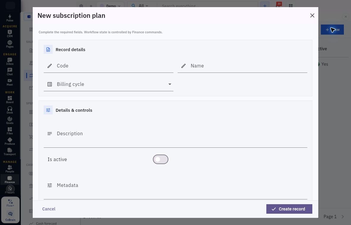 New subscription plan showing identity, cycle, description, active switch and Metadata