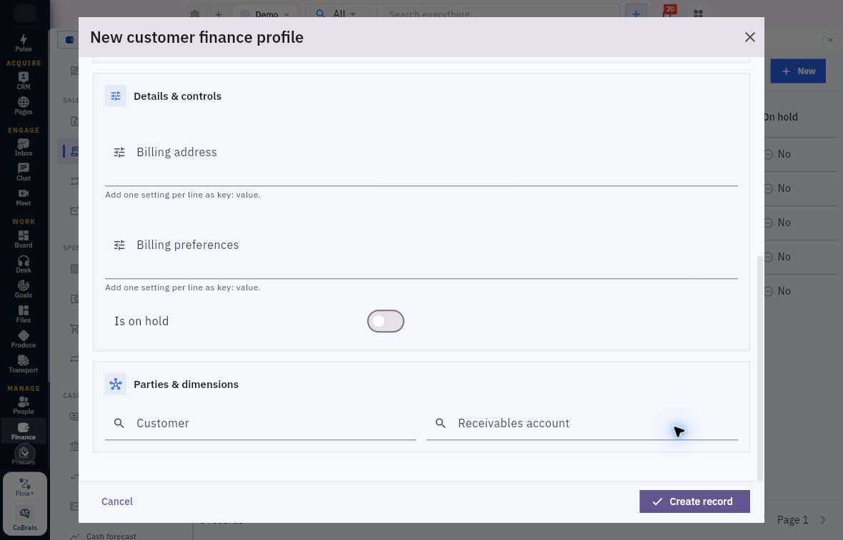 Customer finance profile billing helpers hold switch and references