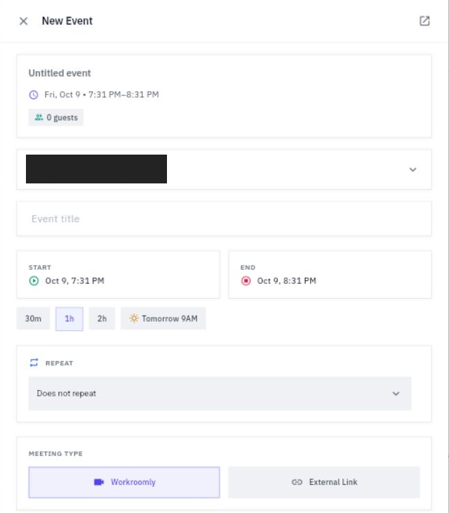 New Event separates the event title and interval from recurrence and Workroomly or External Link destination