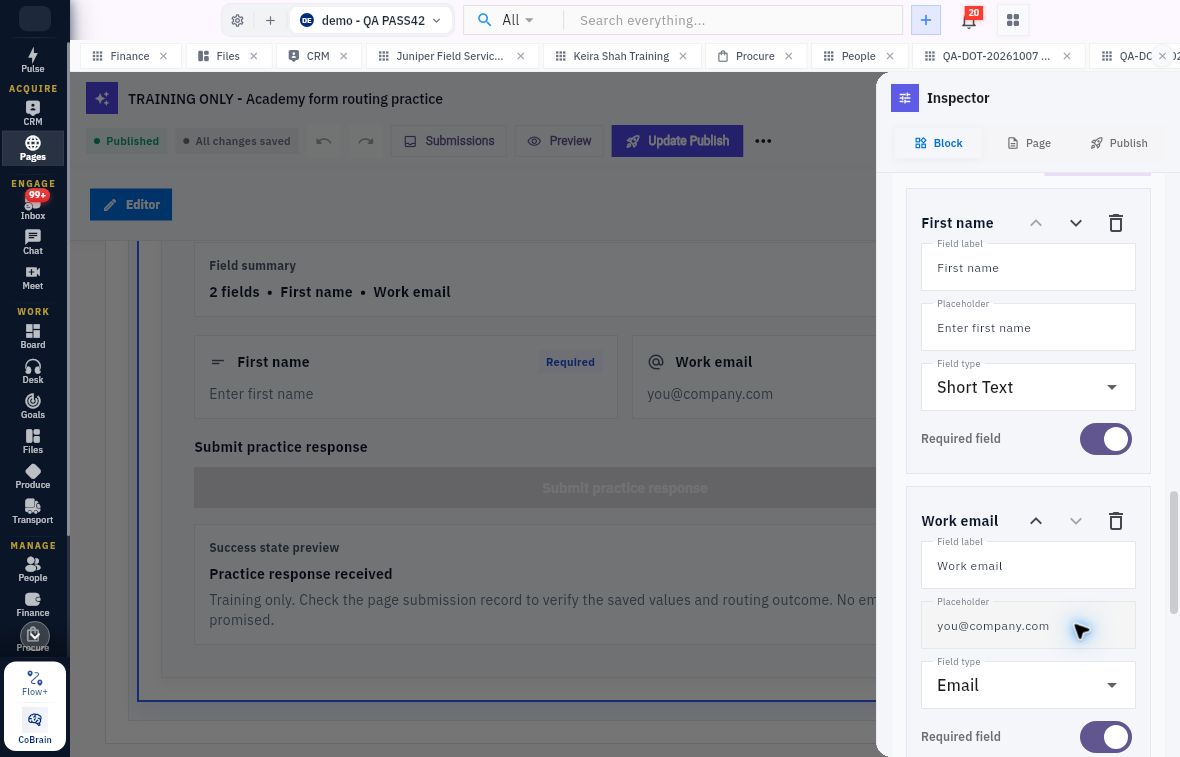 The Form Widget Inspector separates field label, placeholder, type and Required for each question